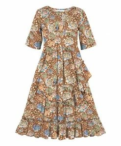 Best Sale ✔️ Trend Blossoms Light Brown Floral Ruffle-Accent A-Line 👗 Dress - 👧 Girls ✔️
