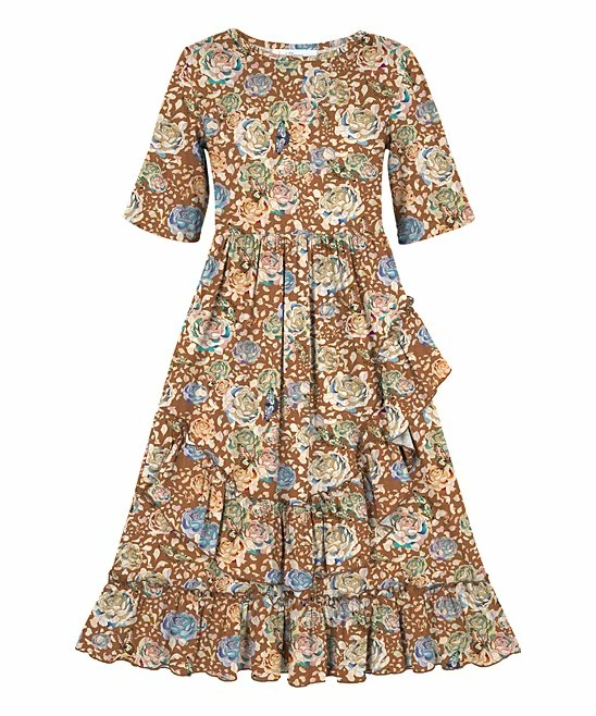 Best Sale โ๏ธ Trend Blossoms Light Brown Floral Ruffle-Accent A-Line ๐ Dress - ๐ง Girls โ๏ธ 3 Best Sale โ๏ธ Trend Blossoms Light Brown Floral Ruffle-Accent A-Line ๐ Dress - ๐ง Girls โ๏ธ