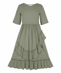 Best deal 🧨 Trend Blossoms Sage Green Stripe Ruffle-Accent A-Line 👗 Dress - 👧 Girls 🎉
