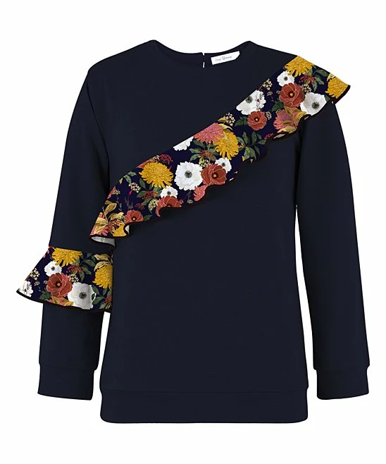 Best Sale ๐ Trend Blossoms Navy & Pink Floral Ruffle-Accent Long-Sleeve Top - ๐ง Girls ๐ 3 Best Sale ๐ Trend Blossoms Navy & Pink Floral Ruffle-Accent Long-Sleeve Top - ๐ง Girls ๐