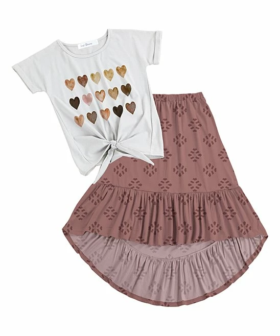 Flash Sale ⭐ Trend Blossoms White Hearts Knot-Front Top & Dusty Rose Geometric Hi-Low 👗 Skirt - 👧 Girls 🔥 3 Flash Sale ⭐ Trend Blossoms White Hearts Knot-Front Top & Dusty Rose Geometric Hi-Low 👗 Skirt - 👧 Girls 🔥