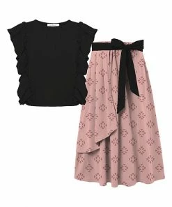 Deals ✔️ Trend Blossoms Black Angel-Sleeve Top & Dusty Pink Geometric Bow-Belt Maxi 👗 Skirt - 👧 Girls 👏