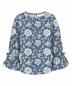 Hot Sale ✨ Trend Blossoms Dusty Blue & White Poet-Sleeve Crewneck Top - 👧 Girls 🧨