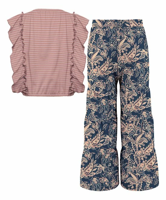 Budget 🔥 Trend Blossoms Dusty Pink Stripe Angel-Sleeve Top & Navy Paisley Wide-Leg Pants - 👧 Girls 😍 4 Budget 🔥 Trend Blossoms Dusty Pink Stripe Angel-Sleeve Top & Navy Paisley Wide-Leg Pants - 👧 Girls 😍 - Image 2