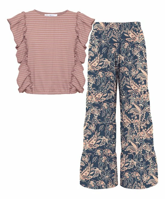 Budget 🔥 Trend Blossoms Dusty Pink Stripe Angel-Sleeve Top & Navy Paisley Wide-Leg Pants - 👧 Girls 😍 3 Budget 🔥 Trend Blossoms Dusty Pink Stripe Angel-Sleeve Top & Navy Paisley Wide-Leg Pants - 👧 Girls 😍