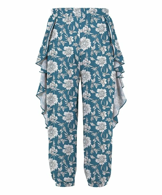 Best deal 😉 Trend Blossoms Blue & White Floral Ruffle-Accent Bow-Belt Joggers - 👧 Girls ⭐ 4 Best deal 😉 Trend Blossoms Blue & White Floral Ruffle-Accent Bow-Belt Joggers - 👧 Girls ⭐ - Image 2