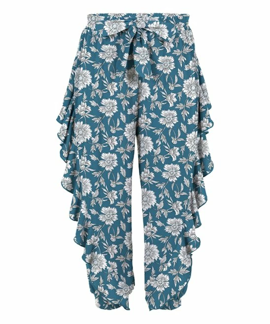 Best deal 😉 Trend Blossoms Blue & White Floral Ruffle-Accent Bow-Belt Joggers - 👧 Girls ⭐ 3 Best deal 😉 Trend Blossoms Blue & White Floral Ruffle-Accent Bow-Belt Joggers - 👧 Girls ⭐