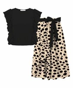 Trend Blossoms-shop 13 Best Pirce 🌟 Trend Blossoms Black Angel-Sleeve Top & Light Tan Cheetah Wrap 👗 Skirt - 👧 Girls 👏