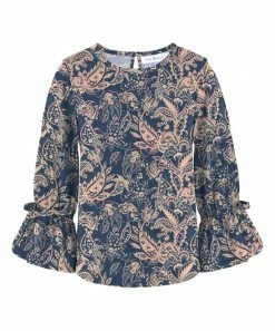 Best Sale 🧨 Trend Blossoms Navy & Light Coral Paisley Poet-Sleeve Crewneck Top - 👧 Girls 💯