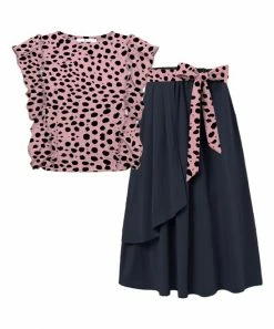 Hot Sale ✨ Trend Blossoms Dusty Pink Cheetah Angel-Sleeve Top & Dark Navy Wrap 👗 Skirt - 👧 Girls 💯