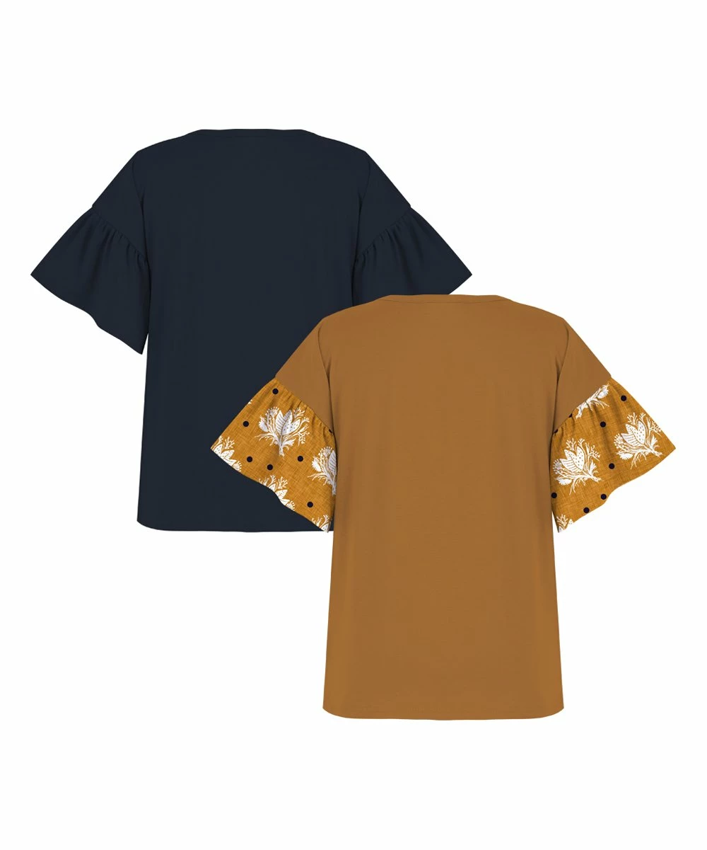 Best deal 😍 Trend Blossoms Dark Navy & Light Brown Floral Bell-Sleeve Top Set - 👧 Girls 🎉 4 Best deal 😍 Trend Blossoms Dark Navy & Light Brown Floral Bell-Sleeve Top Set - 👧 Girls 🎉 - Image 2