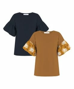 Best deal 😍 Trend Blossoms Dark Navy & Light Brown Floral Bell-Sleeve Top Set - 👧 Girls 🎉