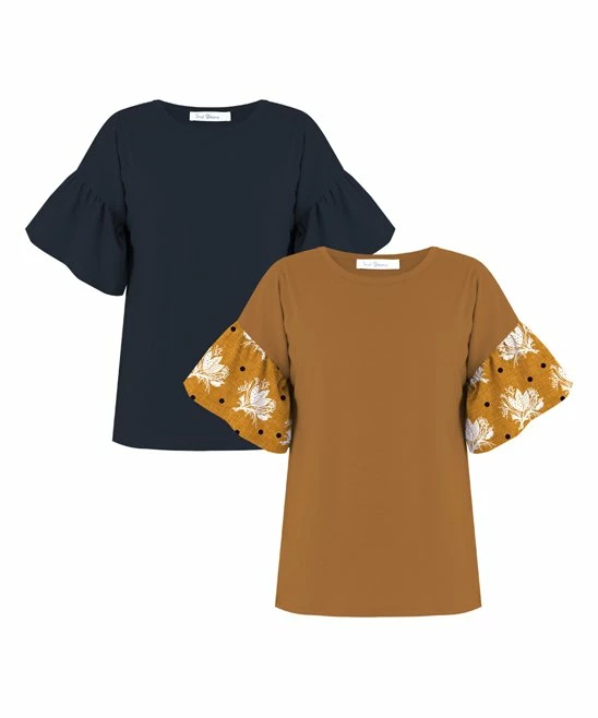 Best deal 😍 Trend Blossoms Dark Navy & Light Brown Floral Bell-Sleeve Top Set - 👧 Girls 🎉 3 Best deal 😍 Trend Blossoms Dark Navy & Light Brown Floral Bell-Sleeve Top Set - 👧 Girls 🎉