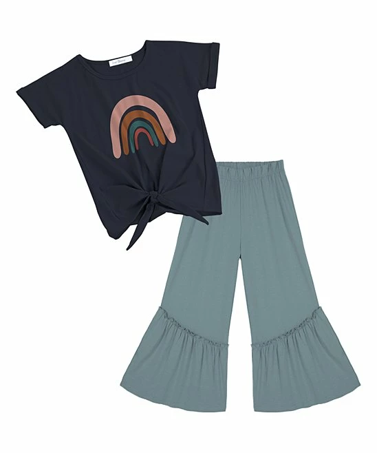 New โ Trend Blossoms Dark Navy Rainbow Knot-Front Top & Flare Pants - ๐ง Girls ๐ 3 New โ Trend Blossoms Dark Navy Rainbow Knot-Front Top & Flare Pants - ๐ง Girls ๐