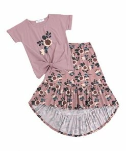 Buy ✔️ Trend Blossoms Dusty Pink Floral Knot-Front Top & Ruffle Hi-Low 👗 Skirt - 👧 Girls 🤩