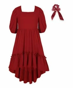 New 🛒 Trend Blossoms Red Ruffle-Hem Hi-Low 👗 Dress & Bow-Accent Scrunchie - 👧 Girls 🔥