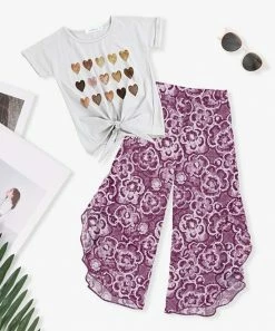 Best Pirce 🌟 Trend Blossoms White Heart Knot-Hem Tee & Dusty Orchid Floral Wide-Leg Pants - 👧 Girls 🧨