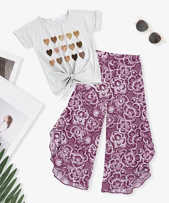 Best Pirce ๐ Trend Blossoms White Heart Knot-Hem Tee & Dusty Orchid Floral Wide-Leg Pants - ๐ง Girls ๐งจ 3 Best Pirce ๐ Trend Blossoms White Heart Knot-Hem Tee & Dusty Orchid Floral Wide-Leg Pants - ๐ง Girls ๐งจ