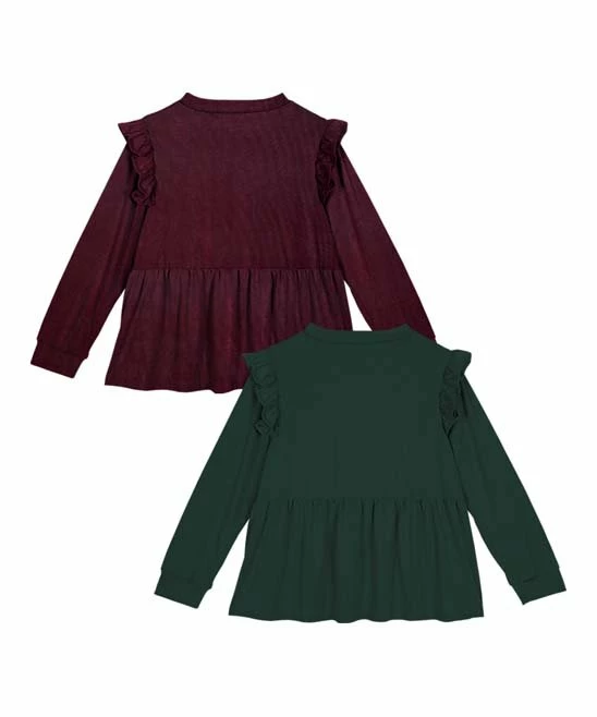 Best deal ๐งจ Trend Blossoms Dark Green & Burgundy Ruffle-Accent Long-Sleeve Tee Set - ๐ง Girls ๐ 4 Best deal ๐งจ Trend Blossoms Dark Green & Burgundy Ruffle-Accent Long-Sleeve Tee Set - ๐ง Girls ๐ - Image 2