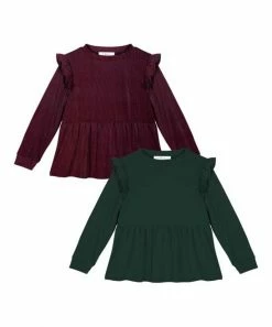 Best deal 🧨 Trend Blossoms Dark Green & Burgundy Ruffle-Accent Long-Sleeve Tee Set - 👧 Girls 🔔