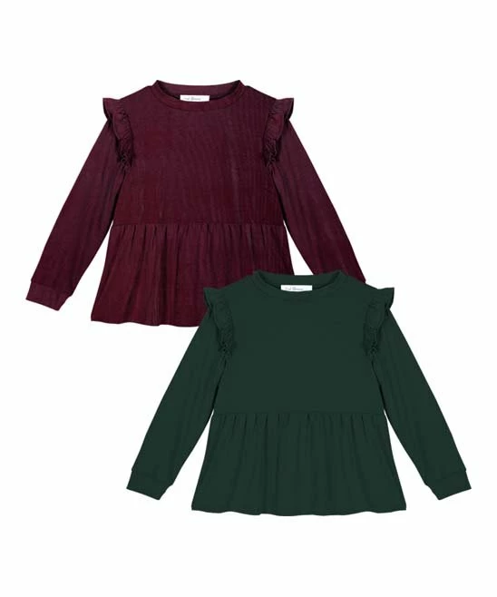 Best deal ๐งจ Trend Blossoms Dark Green & Burgundy Ruffle-Accent Long-Sleeve Tee Set - ๐ง Girls ๐ 3 Best deal ๐งจ Trend Blossoms Dark Green & Burgundy Ruffle-Accent Long-Sleeve Tee Set - ๐ง Girls ๐