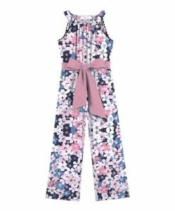 Buy 🧨 Trend Blossoms Dusty Blue & Light Pink Floral Bow-Belt Sleeveless Palazzo Jumpsuit - 👧 Girls 😍