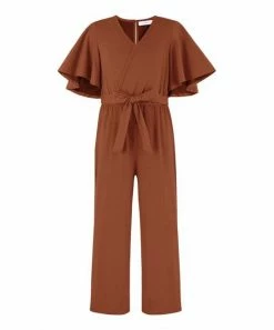 Best reviews of 🔥 Trend Blossoms Saddle Brown Cape-Sleeve Belted Surplice Jumpsuit - 👧 Girls 😍