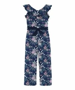 Deals 🛒 Trend Blossoms Navy & Light Pink Floral Ruffle-Neck Tie-Waist Sleeveless Jumpsuit - 👧 Girls 🥰