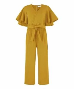 Trend Blossoms-shop 17 Cheapest ❤️ Trend Blossoms Mustard Cape-Sleeve Belted Surplice Jumpsuit - 👧 Girls 🛒