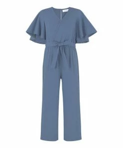 Brand new 🛒 Trend Blossoms Dusty Blue Cape-Sleeve Belted Surplice Jumpsuit - 👧 Girls 🔔