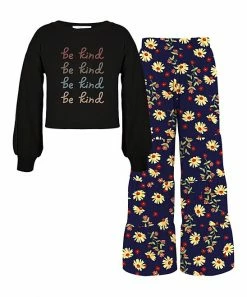 Outlet 🎉 Trend Blossoms Black 'Be Kind' Puff-Sleeve Top & Navy Floral Tiered Pants - 👧 Girls 🔥