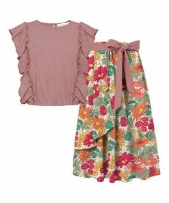 Outlet 😉 Trend Blossoms Dusty Pink Crinkle Angel-Sleeve Top & Floral Bow-Accent Maxi 👗 Skirt - 👧 Girls 👏
