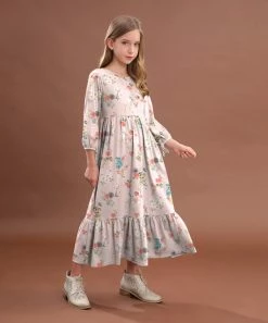 Buy 🤩 Trend Blossoms Light Pink & Coral Floral Ruffle-Accent Puff-Sleeve Maxi 👗 Dress - 👧 Girls 🛒