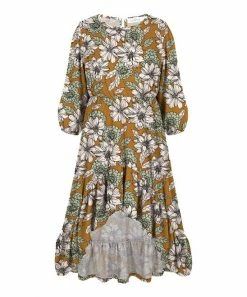 Hot Sale 🛒 Trend Blossoms Light Brown & White Floral Puff-Sleeve Hi-Low 👗 Dress - 👧 Girls 🌟