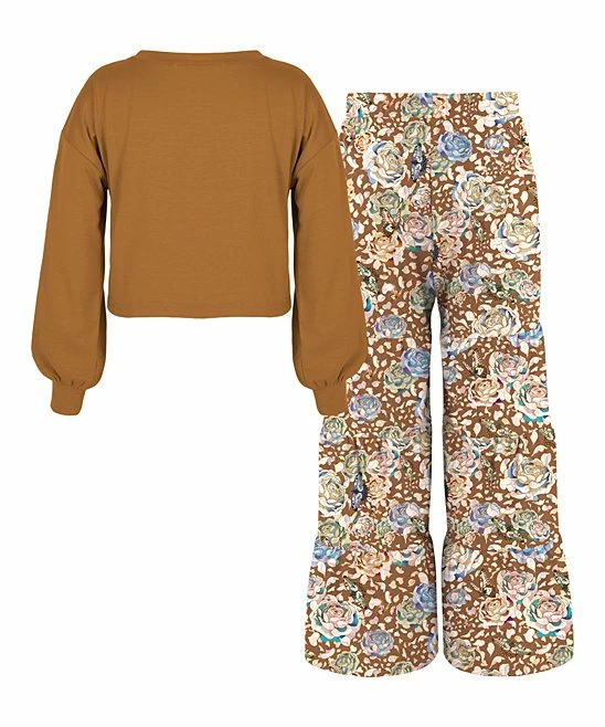 Cheap ๐งจ Trend Blossoms Light Brown Puff-Sleeve Top & Light Brown Floral Wide-Leg Pants - ๐ง Girls ๐ 4 Cheap ๐งจ Trend Blossoms Light Brown Puff-Sleeve Top & Light Brown Floral Wide-Leg Pants - ๐ง Girls ๐ - Image 2