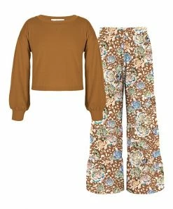 Cheap 🧨 Trend Blossoms Light Brown Puff-Sleeve Top & Light Brown Floral Wide-Leg Pants - 👧 Girls 🛒