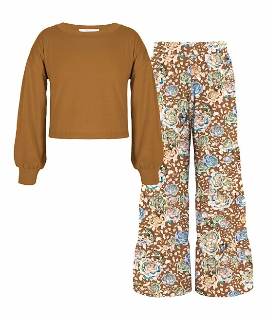 Cheap ๐งจ Trend Blossoms Light Brown Puff-Sleeve Top & Light Brown Floral Wide-Leg Pants - ๐ง Girls ๐ 3 Cheap ๐งจ Trend Blossoms Light Brown Puff-Sleeve Top & Light Brown Floral Wide-Leg Pants - ๐ง Girls ๐