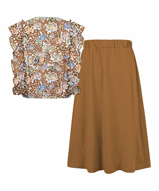 Coupon โจ Trend Blossoms Light Brown Floral Angel-Sleeve Top & Bow-Accent Maxi ๐ Skirt - ๐ง Girls ๐ 4 Coupon โจ Trend Blossoms Light Brown Floral Angel-Sleeve Top & Bow-Accent Maxi ๐ Skirt - ๐ง Girls ๐ - Image 2