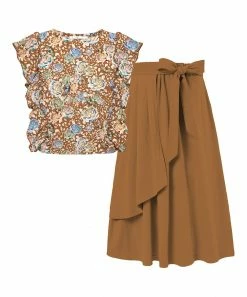 Coupon ✨ Trend Blossoms Light Brown Floral Angel-Sleeve Top & Bow-Accent Maxi 👗 Skirt - 👧 Girls 👍