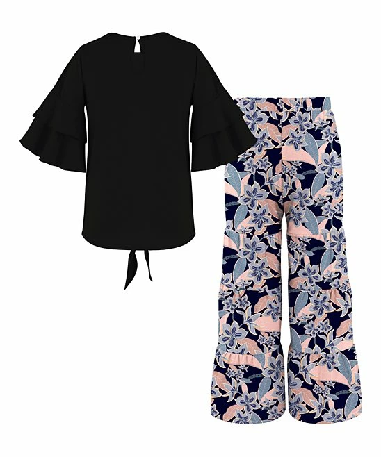 Cheap โจ Trend Blossoms Black Knot-Hem Tiered Bell-Sleeve Top & Floral Wide-Leg Pants - ๐ง Girls ๐งจ 4 Cheap โจ Trend Blossoms Black Knot-Hem Tiered Bell-Sleeve Top & Floral Wide-Leg Pants - ๐ง Girls ๐งจ - Image 2