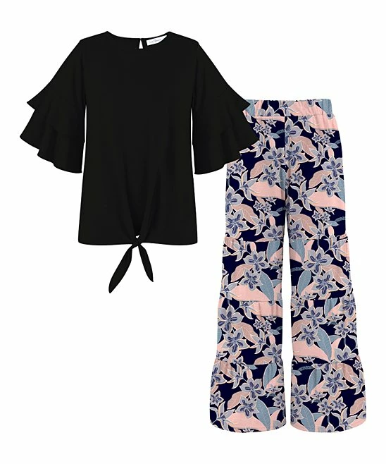 Cheap โจ Trend Blossoms Black Knot-Hem Tiered Bell-Sleeve Top & Floral Wide-Leg Pants - ๐ง Girls ๐งจ 3 Cheap โจ Trend Blossoms Black Knot-Hem Tiered Bell-Sleeve Top & Floral Wide-Leg Pants - ๐ง Girls ๐งจ