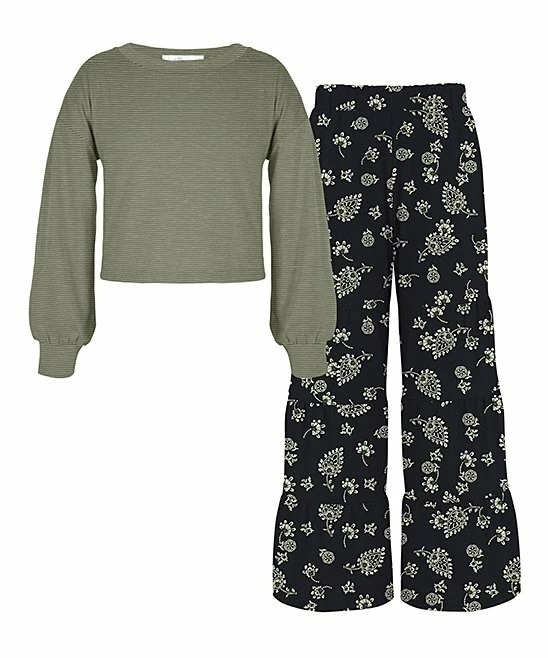 Discount π Trend Blossoms Sage Green Stripe Puff-Sleeve Top & Black Floral Paisley Tiered Pants - π§ Girls π― 3 Discount π Trend Blossoms Sage Green Stripe Puff-Sleeve Top & Black Floral Paisley Tiered Pants - π§ Girls π―