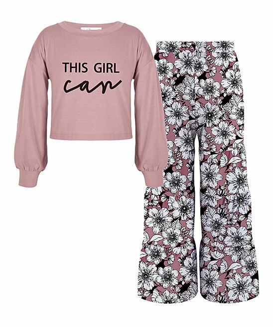 Hot Sale 🥰 Trend Blossoms Dusty Pink 'This Girl Can' Puff-Sleeve Top & Floral Flare Pants - 👧 Girls 👍 3 Hot Sale 🥰 Trend Blossoms Dusty Pink 'This Girl Can' Puff-Sleeve Top & Floral Flare Pants - 👧 Girls 👍