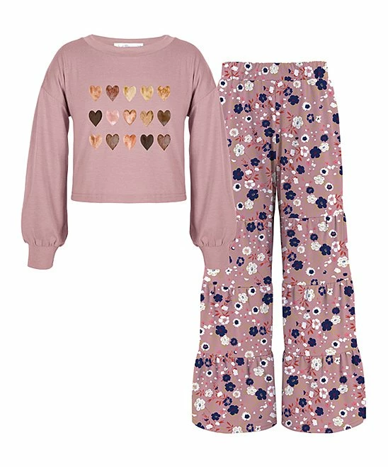 Wholesale 🎁 Trend Blossoms Dusty Pink Heart Puff-Sleeve Top & Floral Flare Pants - 👧 Girls ⭐ 3 Wholesale 🎁 Trend Blossoms Dusty Pink Heart Puff-Sleeve Top & Floral Flare Pants - 👧 Girls ⭐