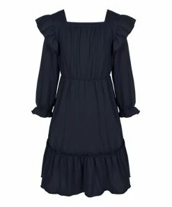 Promo 🎁 Trend Blossoms Dark Navy Ruffle-Accent Long-Sleeve A-Line 👗 Dress - 👧 Girls 😉