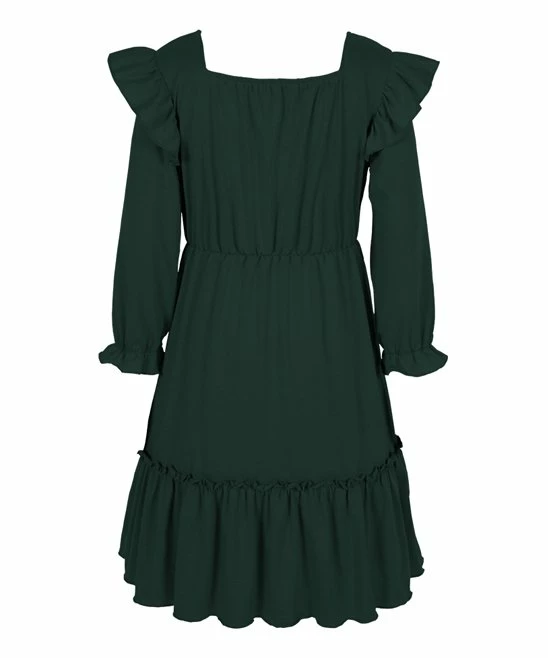New ๐ Trend Blossoms Dark Green Ruffle-Accent Long-Sleeve A-Line ๐ Dress - ๐ง Girls ๐ 5 New ๐ Trend Blossoms Dark Green Ruffle-Accent Long-Sleeve A-Line ๐ Dress - ๐ง Girls ๐ - Image 3