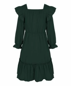New 🔔 Trend Blossoms Dark Green Ruffle-Accent Long-Sleeve A-Line 👗 Dress - 👧 Girls 😀