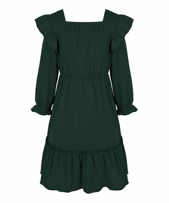 New ๐ Trend Blossoms Dark Green Ruffle-Accent Long-Sleeve A-Line ๐ Dress - ๐ง Girls ๐ 3 New ๐ Trend Blossoms Dark Green Ruffle-Accent Long-Sleeve A-Line ๐ Dress - ๐ง Girls ๐