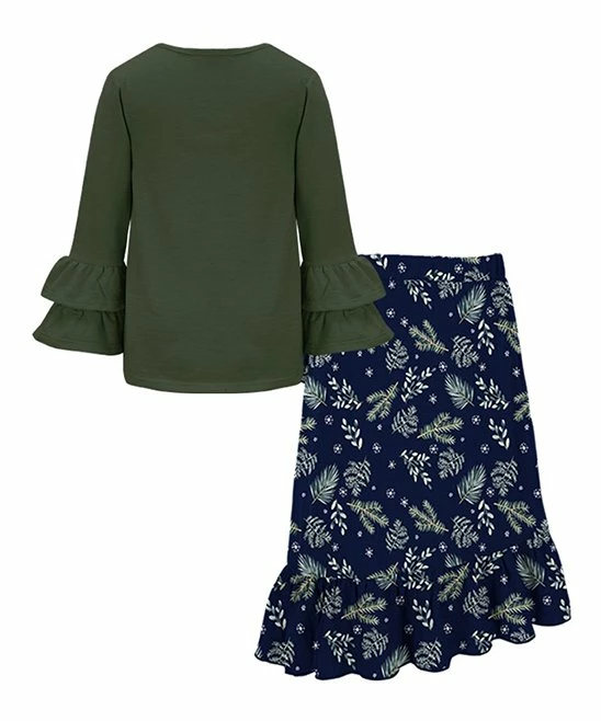 Buy 🎉 Trend Blossoms Dark Green Long-Sleeve Top & Navy Leaf Asymmetrical 👗 Skirt - 👧 Girls ✨ 5 Buy 🎉 Trend Blossoms Dark Green Long-Sleeve Top & Navy Leaf Asymmetrical 👗 Skirt - 👧 Girls ✨ - Image 3