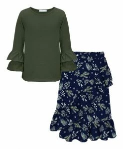 Buy 🎉 Trend Blossoms Dark Green Long-Sleeve Top & Navy Leaf Asymmetrical 👗 Skirt - 👧 Girls ✨